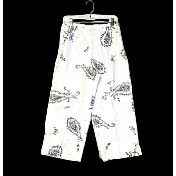 White Black Paisley Linen Size M Crop Wide Leg Clean Girl Resort Old Money - Picture 3 of 7